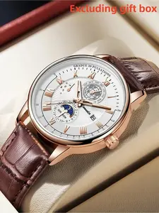 1pcs Mature Men's Watches Gift High End Watch Classic Brown leather strap Business Elite Style Roman scale Calendar Function Japan Imported Automatic Quartz Movement Birthday Gift for Men Graduation Wedding Souvenir