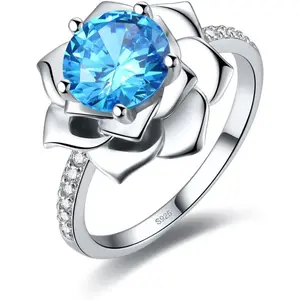8x8mm Round Simulated Blue Topaz 925 Sterling Silver Blossom Flower Lotus Ring for Women