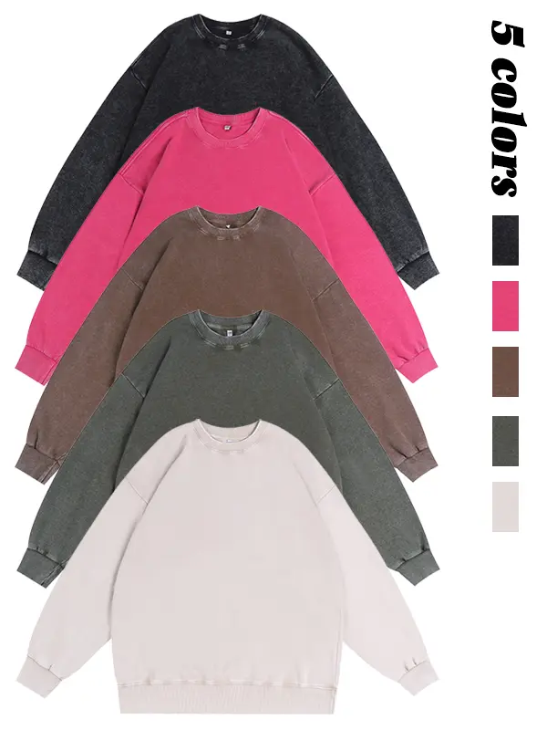 Fall/Winter heavyweight sweatshirt, washed with a distressed finish, crew neck, casual style, available in five colors with a retro look. Soft, skin-friendly fabric, no pockets, loose drop-shoulder cut. American street style, unisex pullover top.