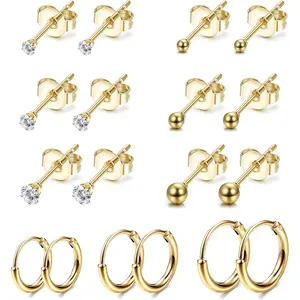 FINREZIO 9 Pairs Golden Tiny Hypoallergenic Earrings Set for Women Men Cubic Zirconia Studs Ball Back Earrings Small Hoop Earrings Dainty Minimalist Cartilage Piercing Jewelry Versatile Daily Wear Accessories for Sensitive Ears Parties Gift Giving