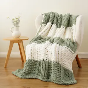Battilo | Handmade Chunky Knit Throw Blanket, Soft and Thick Chenille Throw Blanket, 50"x60",Cozy Warm Color-Block Cable Knit Blankets for Bed, Sofa, Living