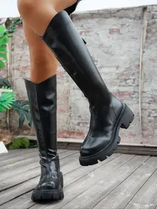 Y2K Grunge Platform Women's Mid-Calf Thick Sole Boots, Leather Gogo Boot with Back Zipper, Comfortable Walking Shoes for Girls, Fashion Footwear