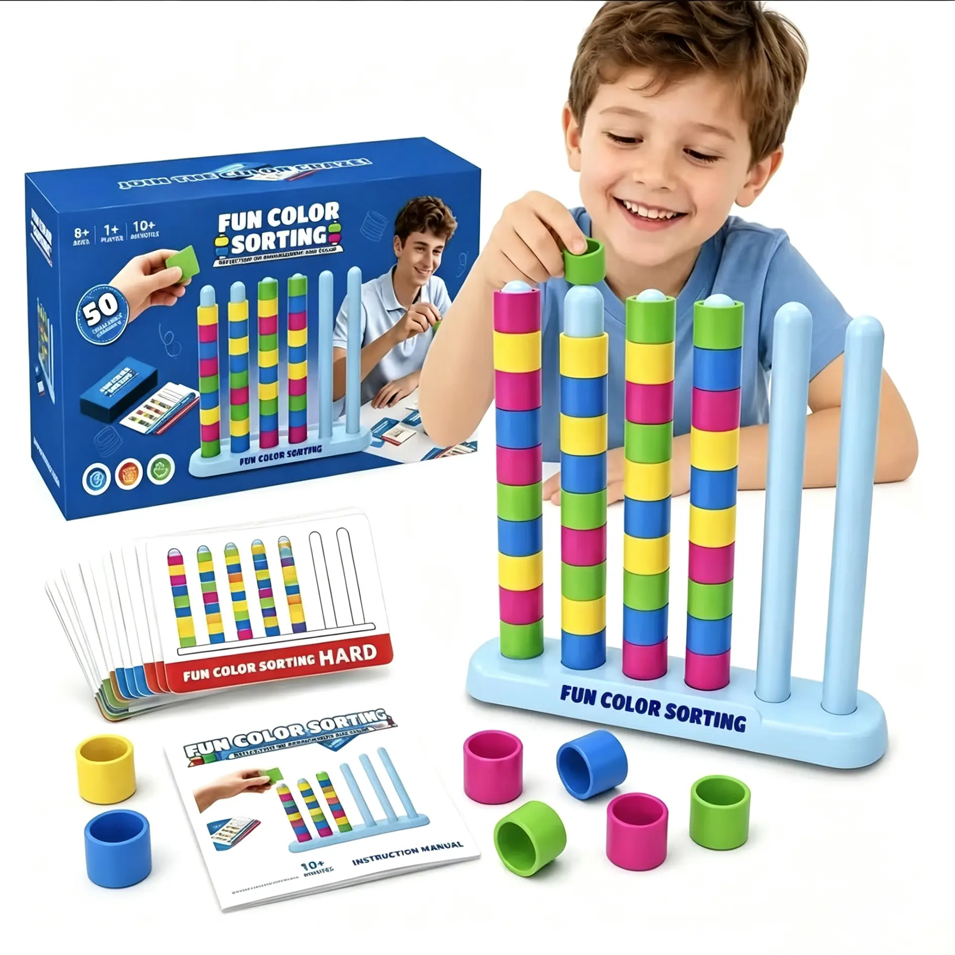 Color Stack Challenge Stacking Game for Kids & Adults Ages 8+, Fast-Paced Pattern Matching & Color Sorting Puzzle with 50 Challenge Cards, Screen-Free Family Game Night Toy