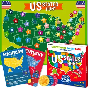 QUOKKA US States Board Game for Kids Ages 8-12 & Families - Trivia Game with 50 Cards, Map Board; Learn US Capitals, Landmarks, Fun Facts