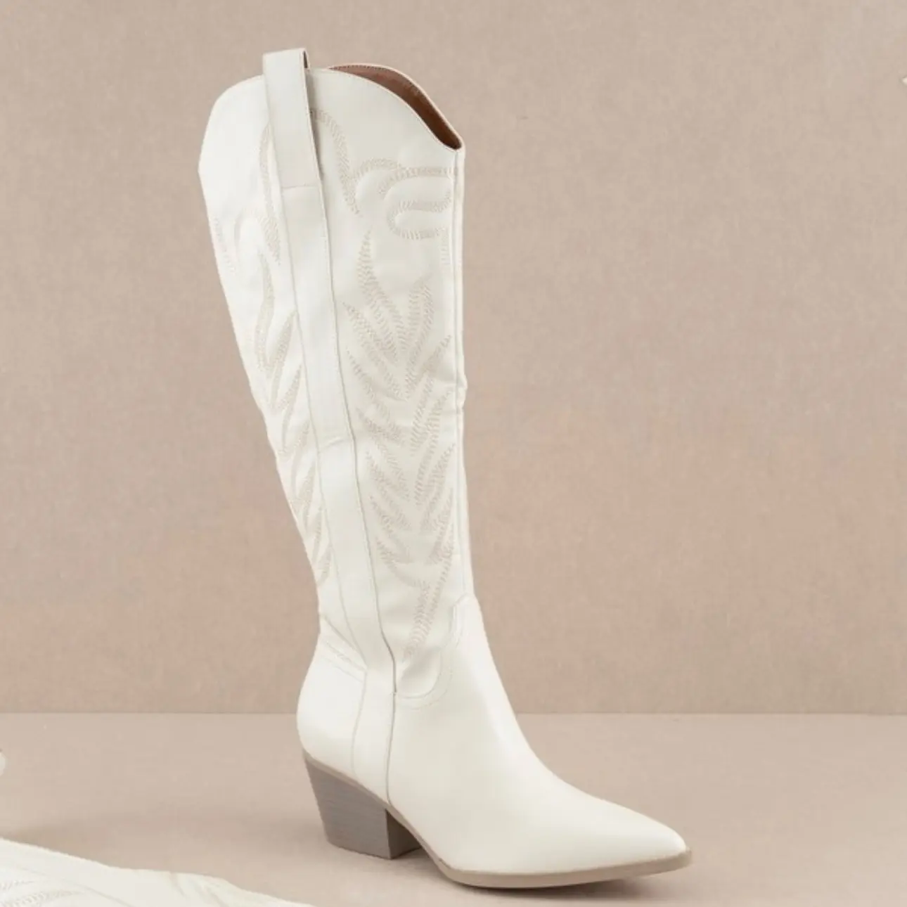 Long Club Embroidered Knee Boot, Cow Girl Vegan Leather Wooden Heel Boot