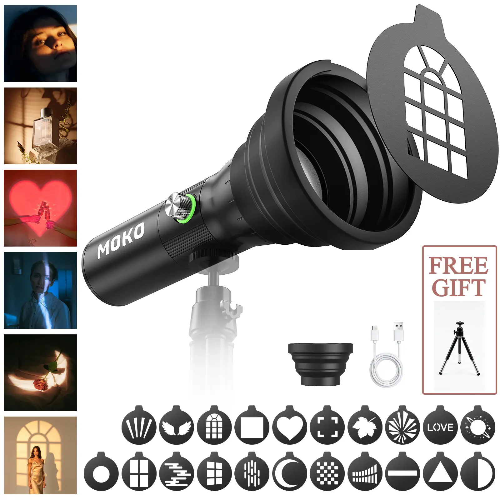 [New product with free gift]4-Color Photography Flashlight with 22 Projection Patterns, Zoomable Beam, 7800mAh Rechargeable LED Spotlight for TikTok Videos, Vlog & Creative Shooting, Content Creation Accessories