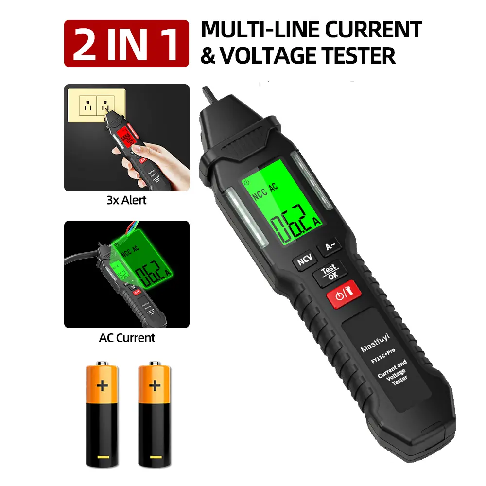 Mastfuyi 2-in-1 AC Current & Voltage Tester Circuit Detector Tool - No Wire Stripping Needed, 1-80A Whole Cable AC Current Measurement, 12-1000V Dual-Sensitivity Non-Contact Voltage Check Tool, Continuity Tester, Live Wire Identifier for Electricians