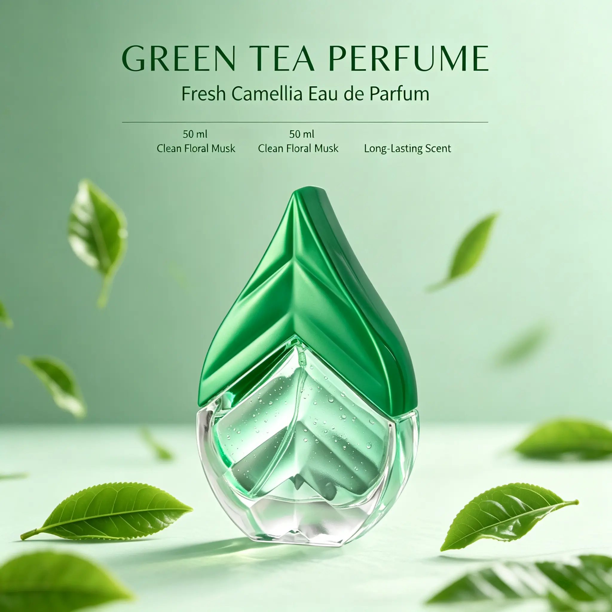 Women’s Green Tea EDP Perfume 50ml, Clean Fresh Tea Scent, Bergamot Lemon Top Notes Jasmine Lily Heart Notes White Musk Base, Elegant Leaf Bottle Design, Long‑Wearing Casual Perfume Gift Set