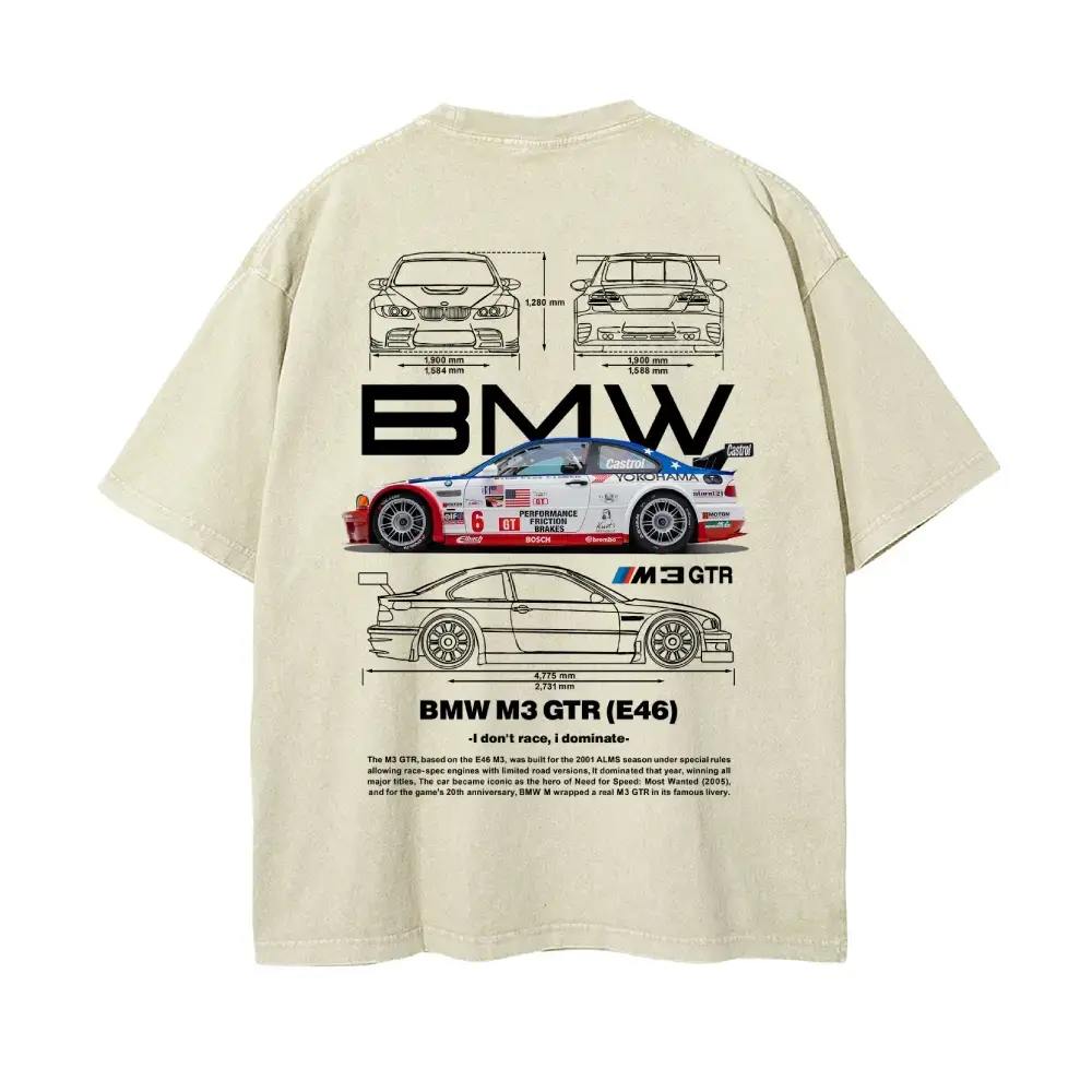 GTR E46 Unisex Vintage Washed Oversized T-Shirt | S-3XL Super Soft Pre-Shrunk Batik Cotton | JDM Drift Streetwear Graphic Tee for Auto Enthusiasts