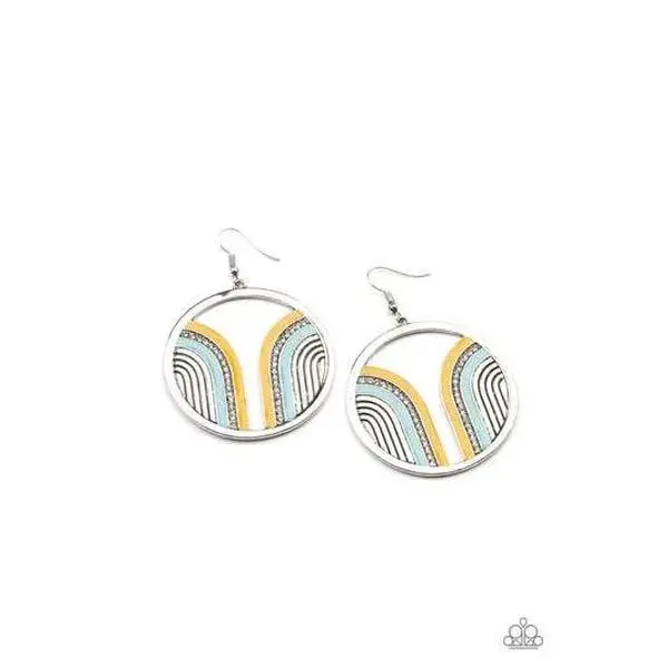 Paparazzi Delightfully Deco Multi Earring 1246 - Glittery White Rhinestones & Cerulean Arches on Silver Hoop Earrings