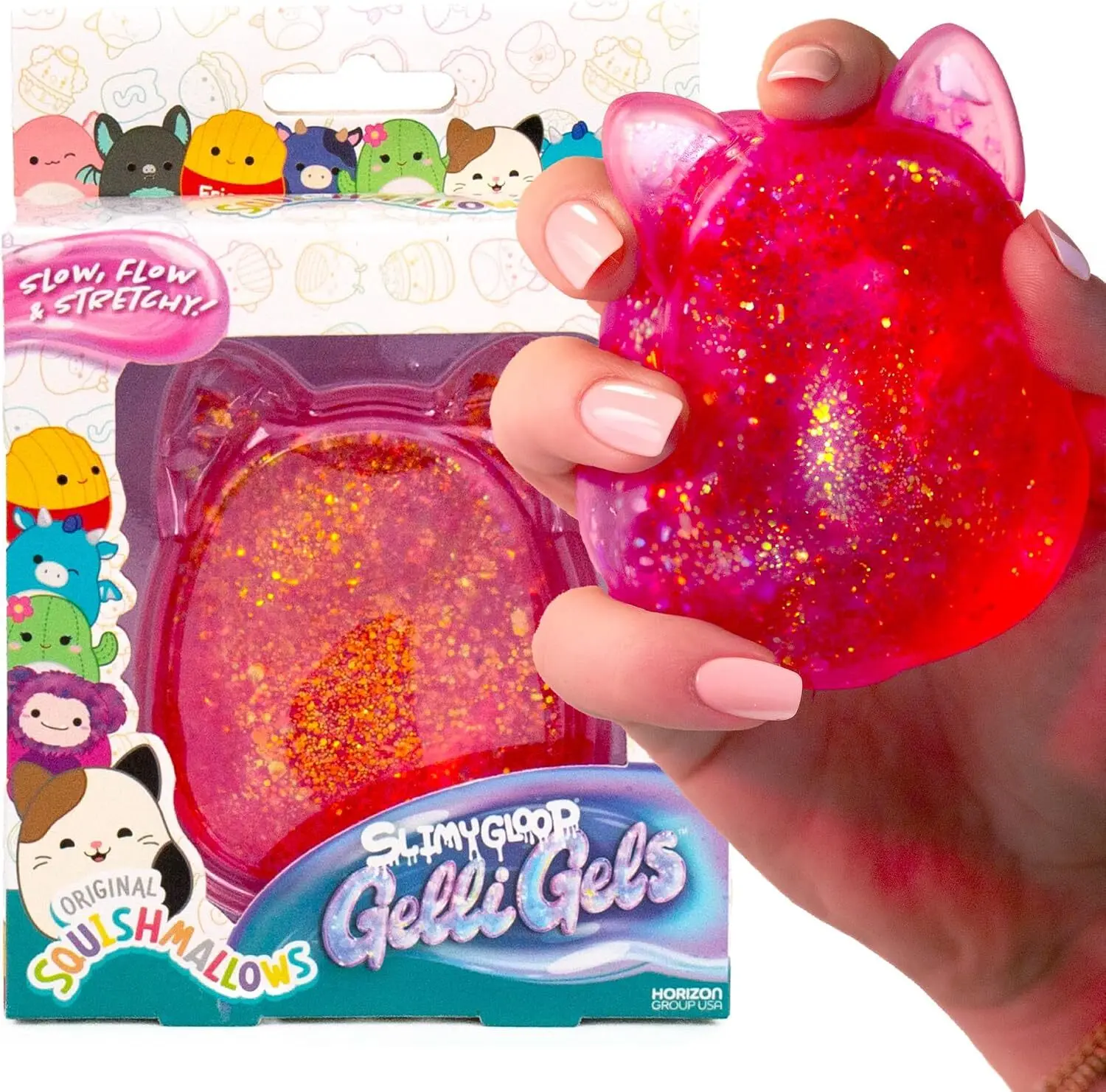 Original Squishmallows SLIMYGLOOP Pink Gelli Gels, Slow Rising Sensory Squeeze Toy with Glitter, Gel Filled Fidget Toys