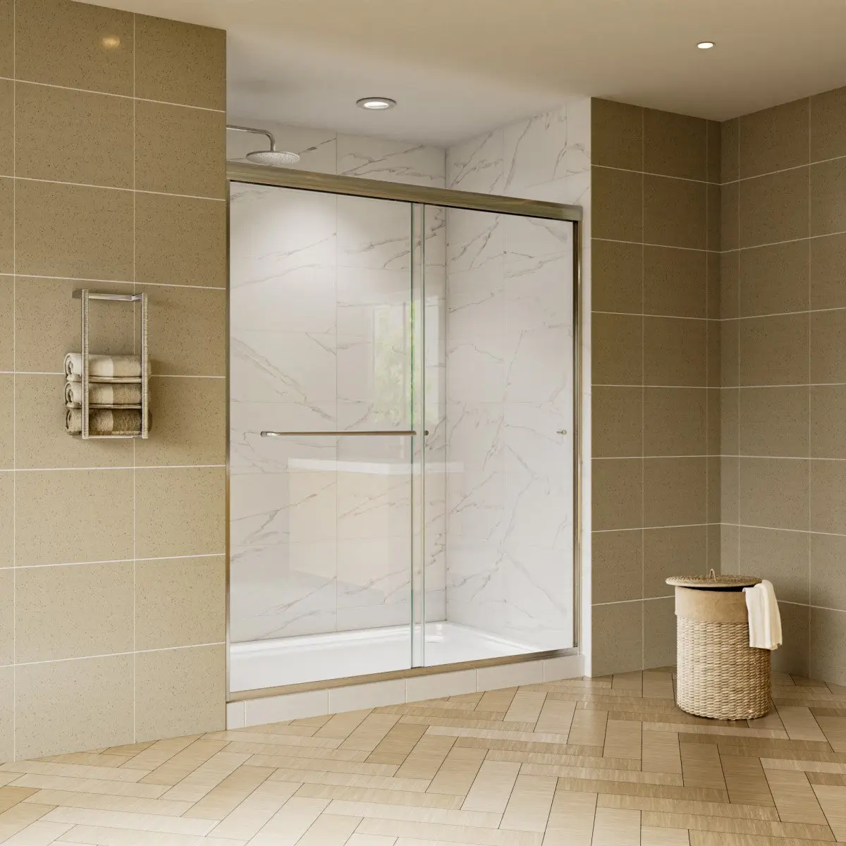 Glide 48 Inch Bypass Shower Door - 44-48" Wide x 70" Sliding Glass Shower Doors Frame in Nickel with Clear Tempered Glass