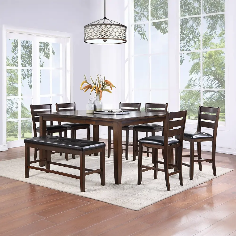 Acme 74630-33-34 8-Pc Urbana III Plank Top Espresso Finish Wood Counter Height Dining Table Set, 20" x 21" x 41", with Pu Leather Accents, Versatile for Family Meals