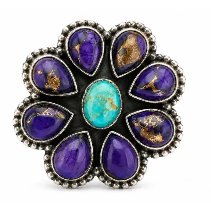Purple Dahlia & Turquoise .925 Sterling Silver Cluster Ring