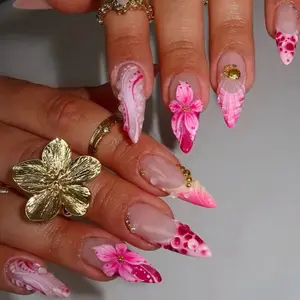 24 Almond Shape Nail Tips, Nude Base with Gradient & Tropical Floral Design, Gold Beads & Pearls, Glossy Reusable False Nails