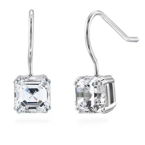 Solitaire 3.2ct Asscher CZ Fish Hook Earrings in Sterling Silver