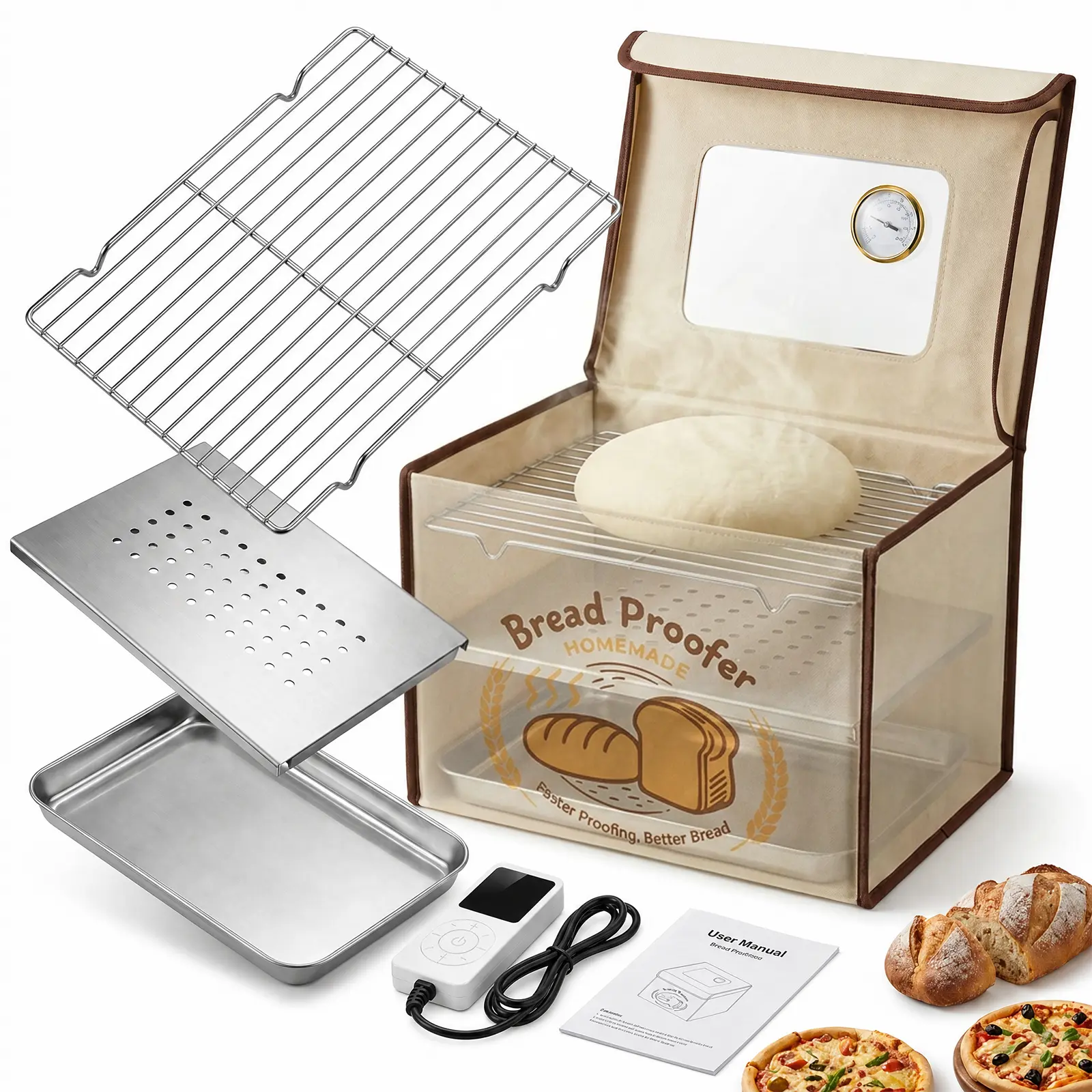 Folding Bread Proofing Box with 50-113℉ Temp Control, 1-48H Timer, Humidity Gauge & Transparent Kitchen Rack, Bake Storage Solution, Sourdough Starter Warmer, Foldable Basket for Bread Baking, Pizza