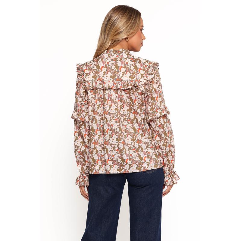 Selmah Long Sleeve Top - Cream Olive Orange