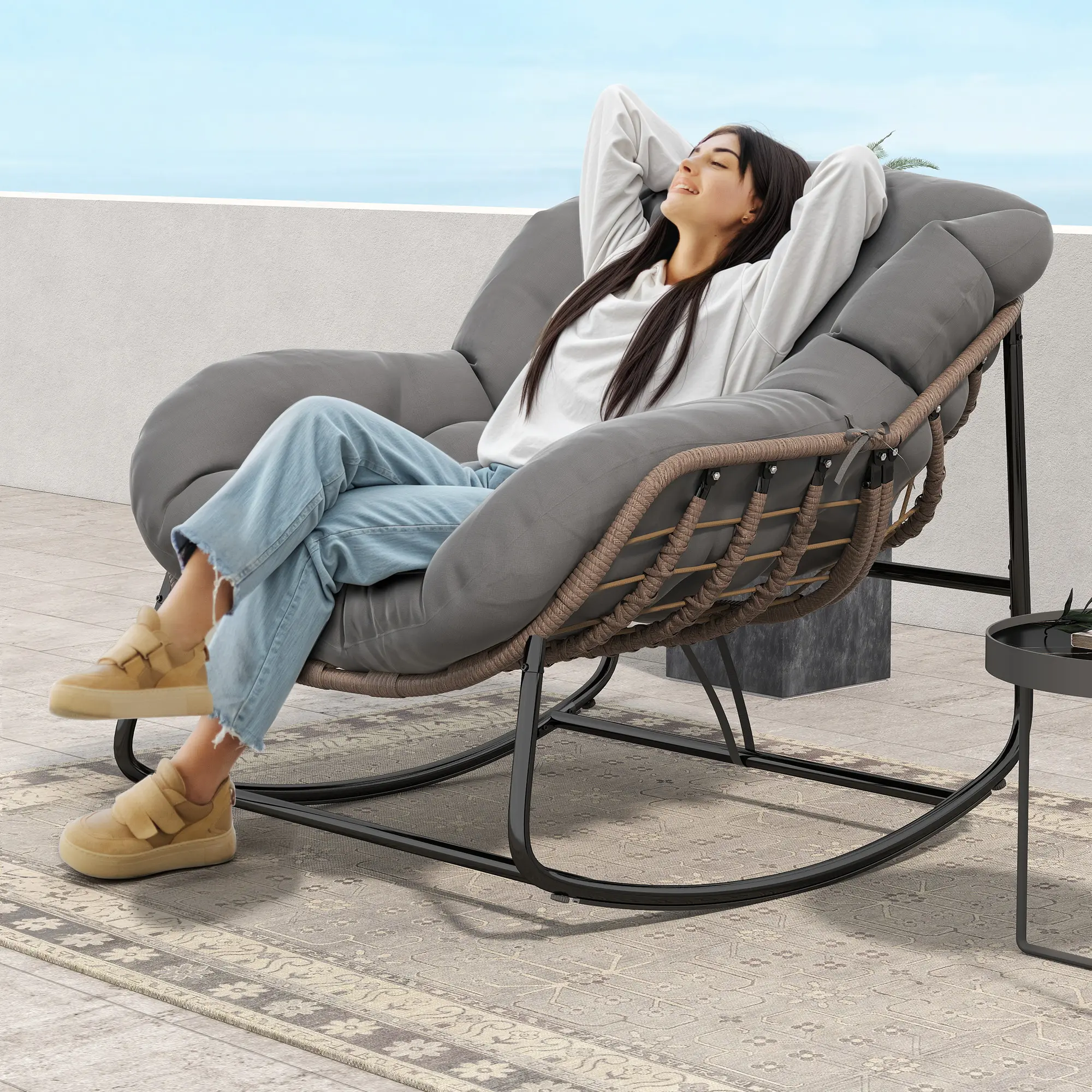 RIWENGO Outdoor Rocking Chair, Oversized Wicker Lounge Chair with Cushion and Metal Frame, 450lbs Weight Capacity,Patio Rattan Egg Rocker for Balcony Backyard Porch Bedroom