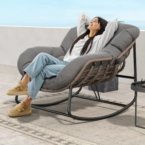 RIWENGO Outdoor Rocking Chair, Oversized Wicker Lounge Chair with Cushion and Metal Frame, 450lbs Weight Capacity,Patio Rattan Egg Rocker for Balcony Backyard Porch Bedroom
