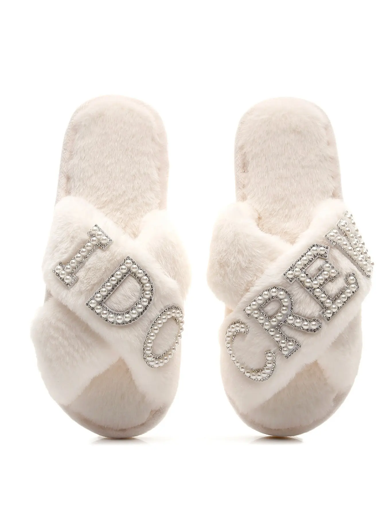 Pearl Rhinestone Letter IDOCREW Slide Slippers, Women, Foam Slides, Comfortable Criss Cross Design, Memory Foam, Open Toe, Perfect Wedding Gift for Bridesmaids, Footwear