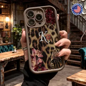 Trendy Leopard Floral Monogram Pattern Case for iPhone 17 16 15 14 Pro Max 13 12 11 XR XS Plus Air Slim Lightweight Shockproof Anti Drop Protective Durable TPU Cover