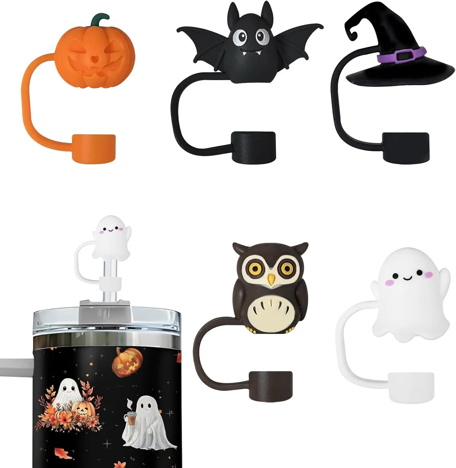 5 PCS Halloween Straw Covers Cap for Stanley Cup Compatible with Stanley 30-40 oz Tumbler Silicone Straw Toppers，Reusable Cover for Cup Accessories
