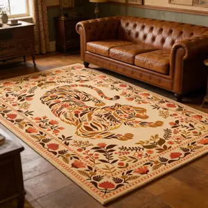 Vintage Floral Tiger Print Rug, Large Area Living Room Bedroom Carpet, Foldable Non-Slip Plush Mat, Home Decor for Sofa Coffee Table