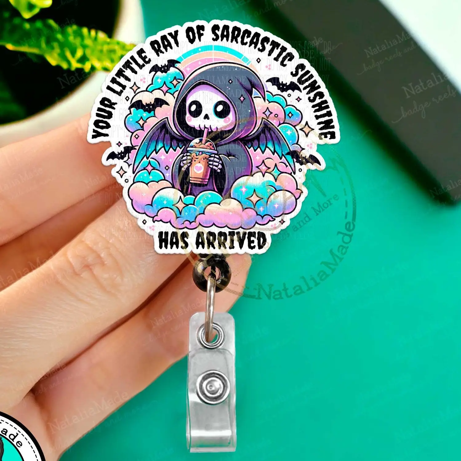 NataliaMade Funny Retractable Badge Reel- Little Ray of Sarcastic Sunshine Grim Reaper ID Badge Holder for Nurses, Retail Workers, Teachers, Servers,
