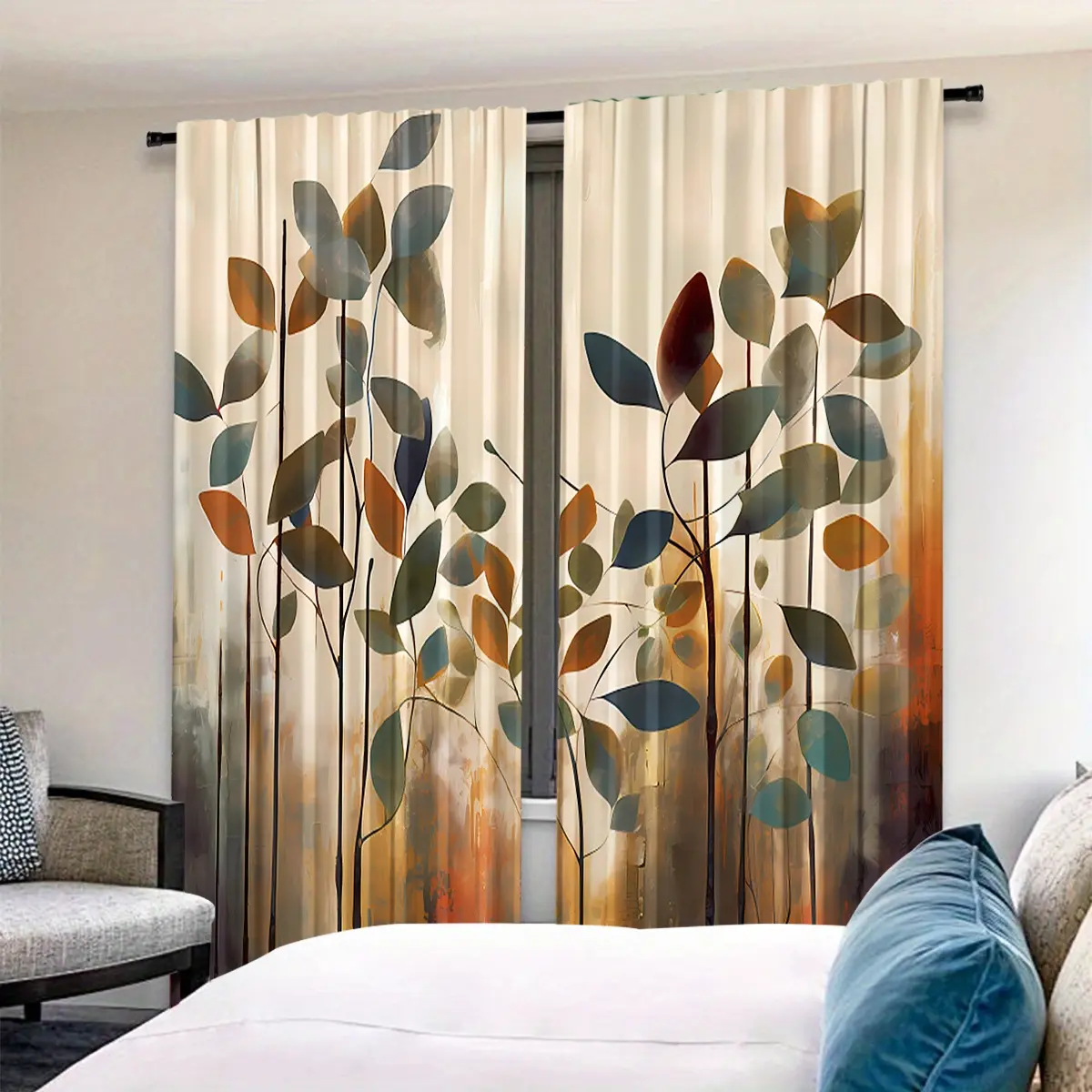 2pcs Simple Leaf Pattern High-Definition Digital Print Curtains, Polyester Material, Semi-Transparent Privacy Protection, Semi Sheer Curtain, Washable, Home Decor, Window Drapes, Curtain For Windows, Home Decoration Curtain