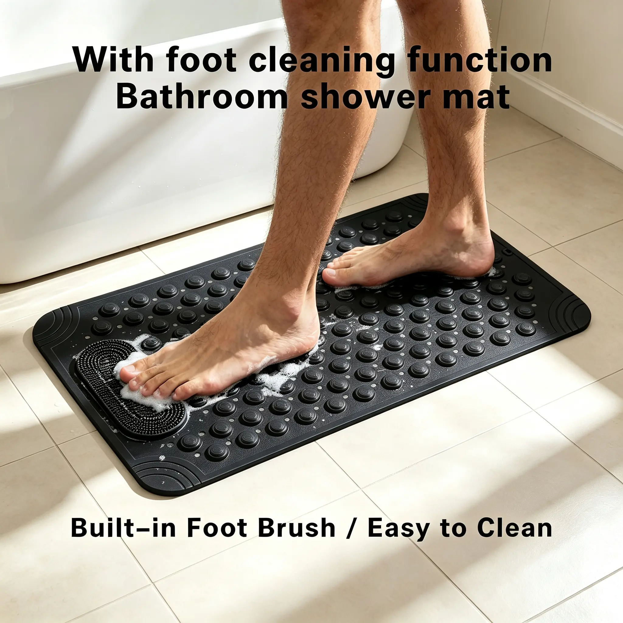 1pc non-slip shower mat, bathtub mat with drain holes and suction cups, foot massage shower rug, home bathroom, bathroom necessities., Bathroom Accessories, Anti-Slip Tread Bath Mats.   home essentials
