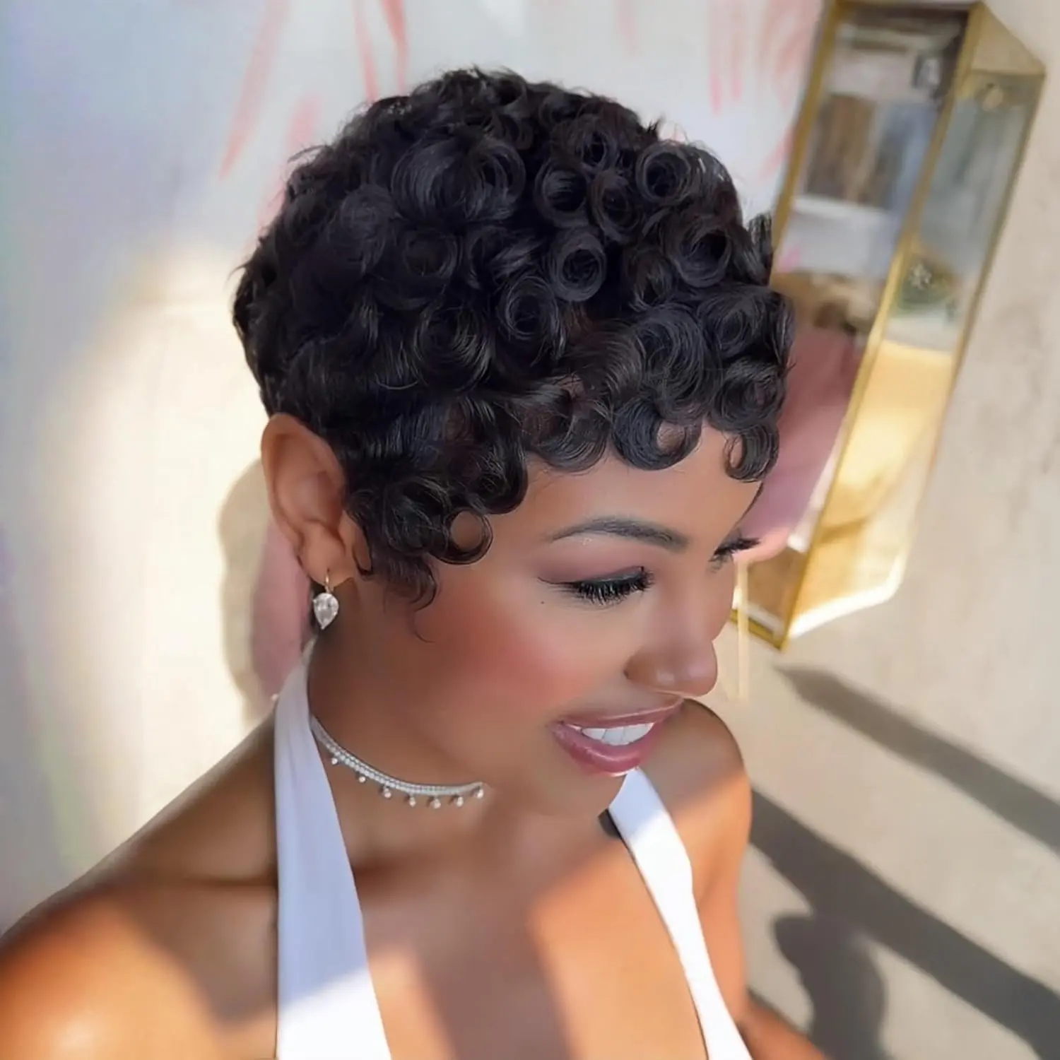 OPQHAIR Women's Short Layered Pixie Cut Wig with Bangs, Full Machine-Made Human Hair Wig, Easy-to-Style, Beginner-Friendly, Non-Lace, Wigs