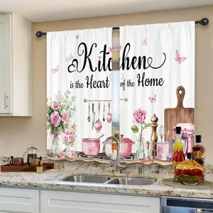 2 Panel 28"X40" Pink Rose Eucaltptus Kitchen Curtains Short Small Kitchenware Spring Butterfly Rod Pocket Funny Quotes Plants Botanical Bedroom Living Room, Home Decor, Farmhouse Home Decor
