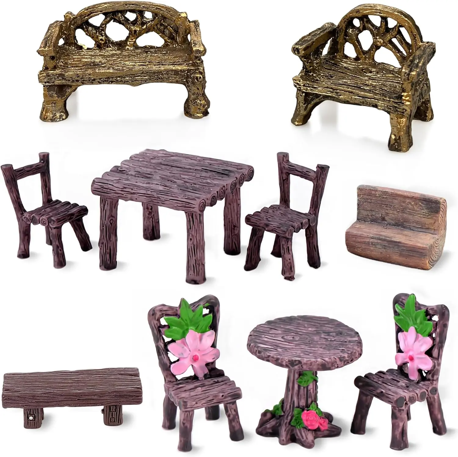 10Pcs Realistic Painted Compact Size Resin Miniature Table-Chairs-Bench Furniture Set - Home Improvement Dollhouse Furniture Sets Supplies, DIY Enthusiasts Gifts, Non-Fade Decor, Fairy Garden