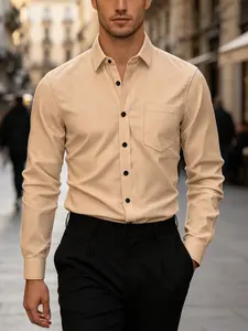 Men's Solid Color Long Sleeve Shirt with Pocket, Casual Design, Comfortable and Stylish, Perfect for Daily Wear, All Seasons