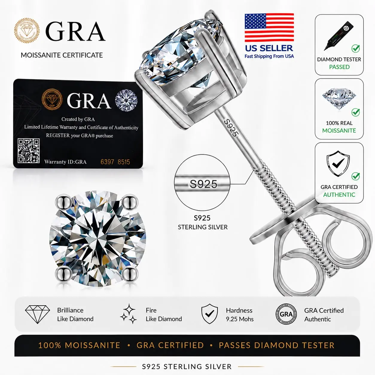 Moissanite Screw Back Earrings 925 Sterling Silver VVS Moissanite D Color 3mm-7.5mm, OFFICIAL.Gold/Silver Color