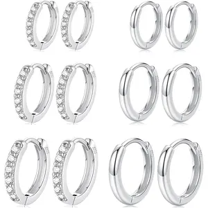 6 Pairs Silver Small Hoop Earrings for Women, Stainless Steel Hypoallergenic Tiny Cubic Zirconia Cartilage Huggie Earring Sets for Multiple Piercing Trendy Jewelry 8/10/12mm