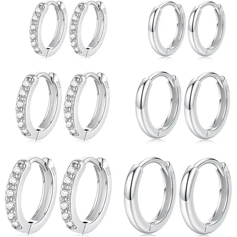 Women's 6-Pair High Polish Sterling Stainless Steel Silver Small Hoop Earrings Set - Hypoallergenic Tiny Cubics, Waterproof Coating, 8/10/12mm, Sleep-Friendly Light, Mix-And-Match for Multiple Piercings, Car Interior Decoration Accessories