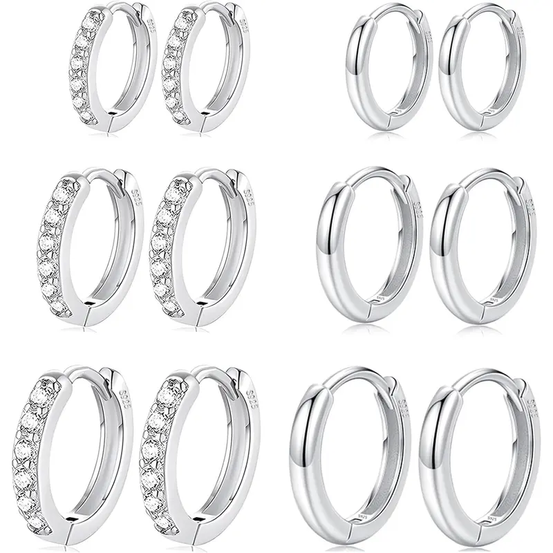 Women's 6-Pair High Polish Sterling Stainless Steel Silver Small Hoop Earrings Set - Hypoallergenic Tiny Cubics, Waterproof Coating, 8/10/12mm, Sleep-Friendly Light, Mix-And-Match for Multiple Piercings, Car Interior Decoration Accessories