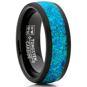 Men's Tungsten Wedding Band Engagement Ring Crushed Opal Inlay Black 8MM