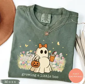 Comfort Colors Cute Spooky Drink Halloween Maternity Shirt, Growing A Little Boo, Funny Pregnancy Announcement 2025 Shirt, Spooky Pregnant Costume, New Mommy