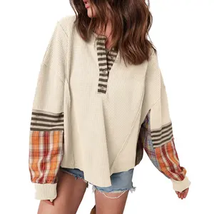 Mntaor Women's Casual Winteroutfit Round Neck T-Shirts Waffle Stripe Plaid Patchwork Henley Knit Top with Striped Sleeves,winteroutfit