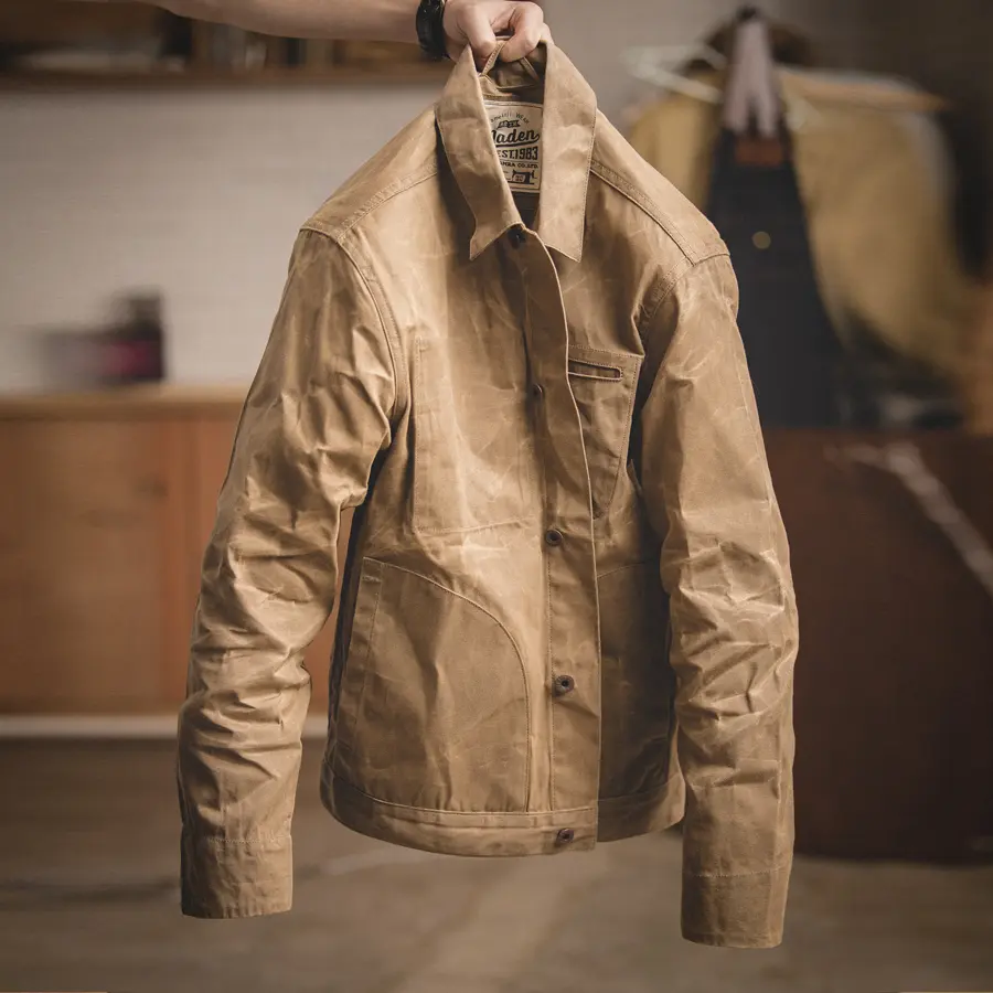 Men's Retro Safari Jacket in Waxed Canvas, a Classic Plain Single-Breasted Slim Fit Fashion Apparel with Multiple Pockets