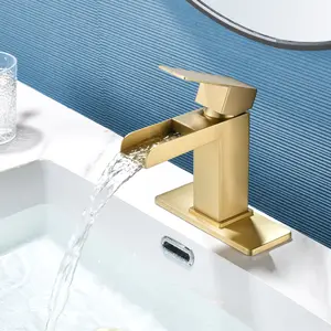 Square Waterfall Bathroom Sink Faucet 1 Hole Adjustable Flow Control Single Handle Basin Faucet with Pop-Up Drain & Deck Plate in Brushed Gold, Brushed Nickel, Matte Black