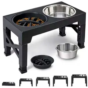 Elevated Dog Bowls, 5 Adjustable Heights Raised Dog Bowl Stand, With 1 Stainless Steel Dog Food Bowls And 1 Slow Feeder Dog Bowl, Adjusts To Height 3.2" To 12.2" For Small Medium Large Dogs Feeding