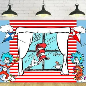 2D Flat Banner and Blue Stripes Backdrop, Party Supplies Birthday Theme Photo Background, Cat in the Hat Banner for Cake Table Decorations