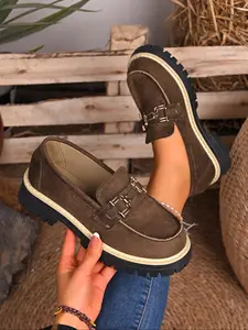 Women's Leopard Print Loafers, Metal Buckle Decoration, Zigzag Sole with Edge, Vintage Wild Style, Comfortable Wide Round Toe Slip-On Flats