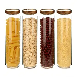 4-Pack 51 oz (1.6 qt/1.5L) Airtight Glass Food Storage Jar Set, Microwave-Safe Wide Mouth Large Capacity Kitchen Containers with Silicone Seal & Wood Lids, BPA-Free Food Safe Pantry Jars for Cereal, Snacks, Flour, Pasta, Spaghetti, Noodles, Aesthetic Kitc