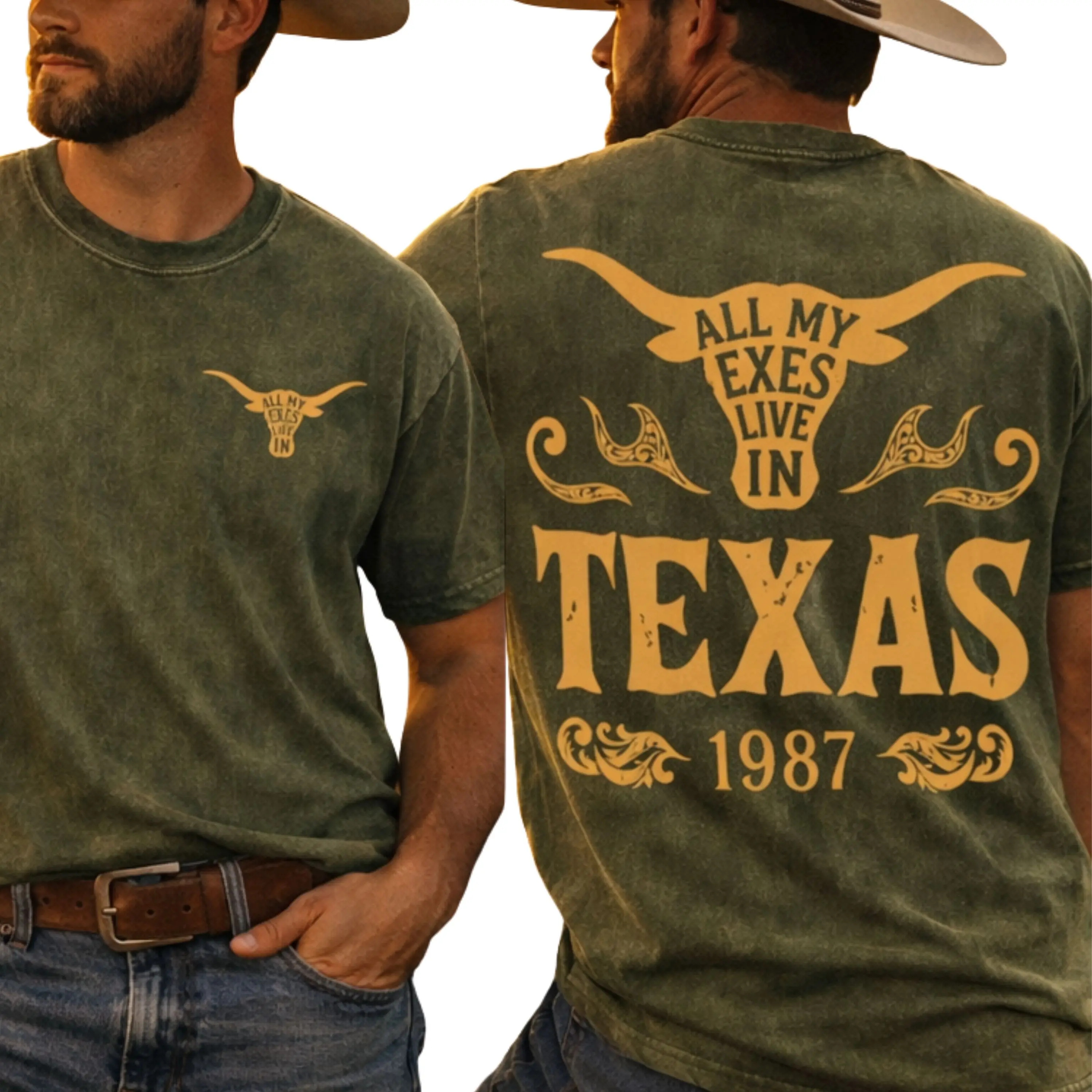 Women's "All My Exes Live In Texas" Acid Wash Cowboy Theme Graphic T-Shirt, Vintage Country Crew Neck Short Sleeve Tee, Breathable Fabric, Loose-Fitting Oversized Aesthetic Summer Casual Apparel, Top, Relaxed Fit