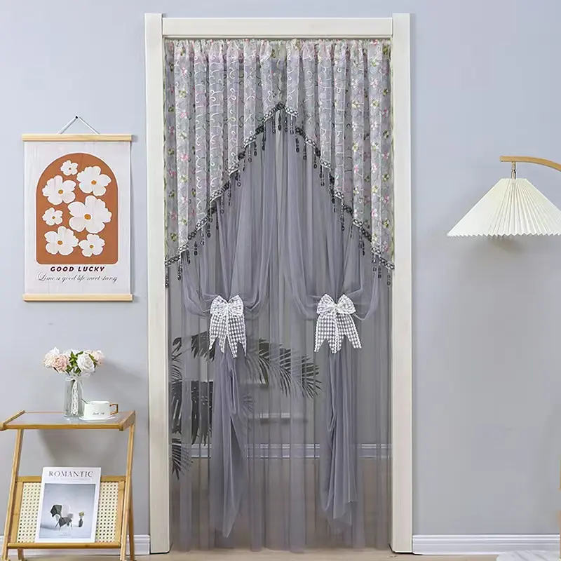 Gray Gothic Sheer Beaded Tassel Floral Lace Door Curtain, Spooky Room Divider for Bedroom Closet Entryway, Halloween Household Textile Decor